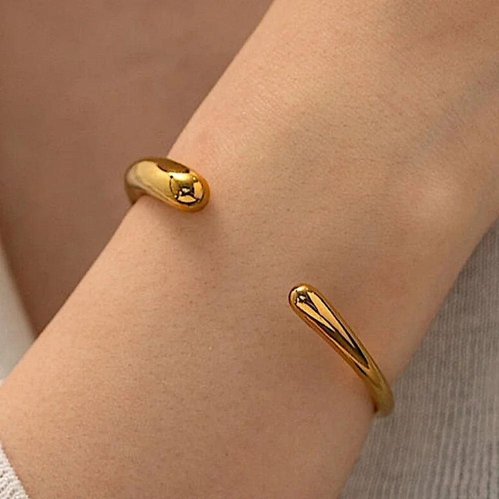 Gold Irregular Geometric Bangle Bracelet, Thick & Thin Cuff, Gold Plated - Picture 4 of 10